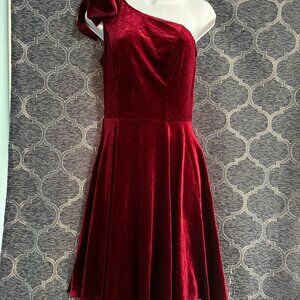 Jasambac NWT women's small wine red one shoulder bow detail velvet party dress